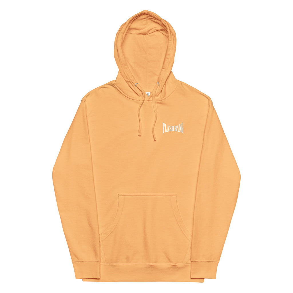 Orange hoodie with a brand logo on a white background
