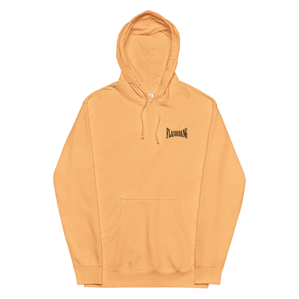 Orange hoodie with a brand logo on a white background