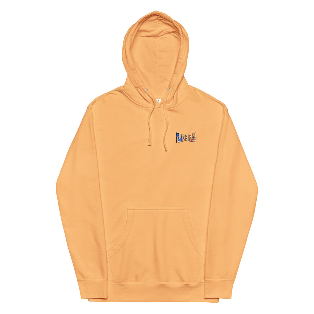Orange hoodie with a small logo on a white background