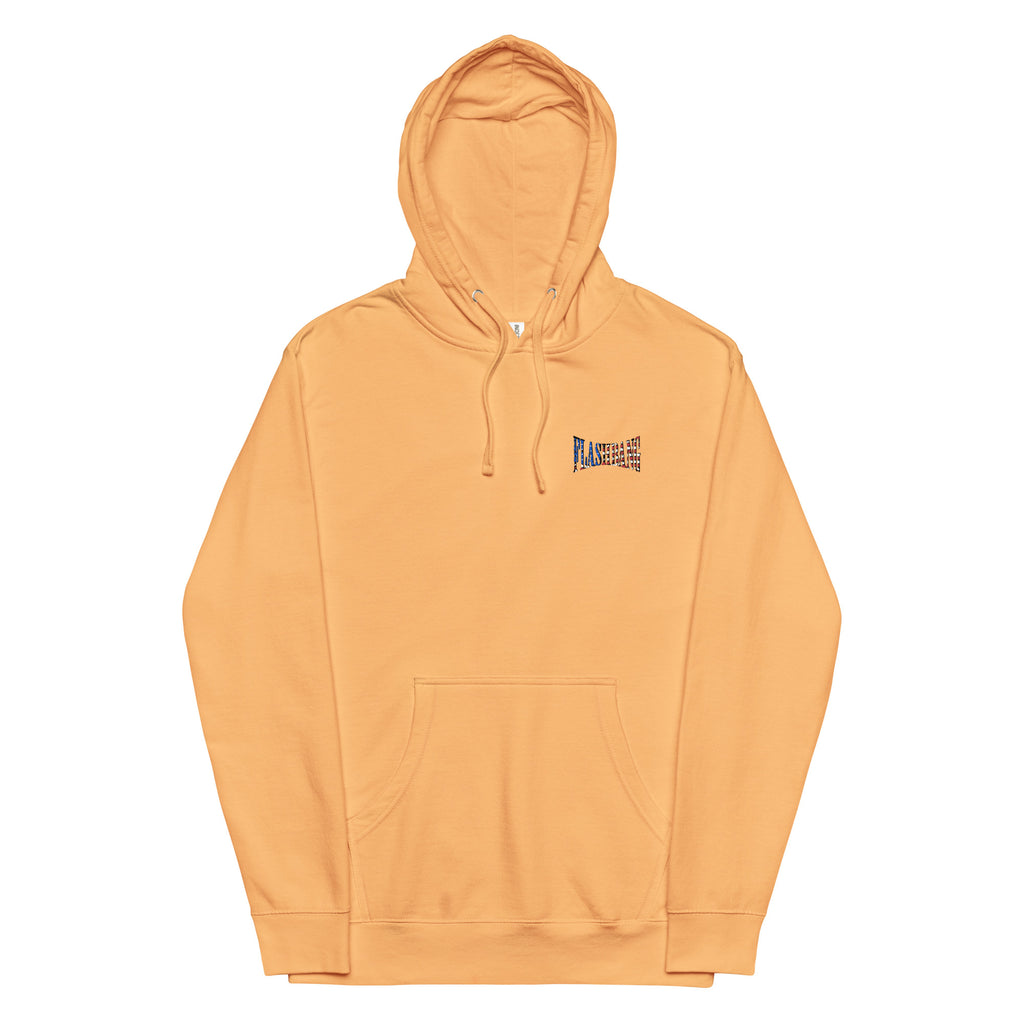 Orange hoodie with a small logo on the chest against a white background
