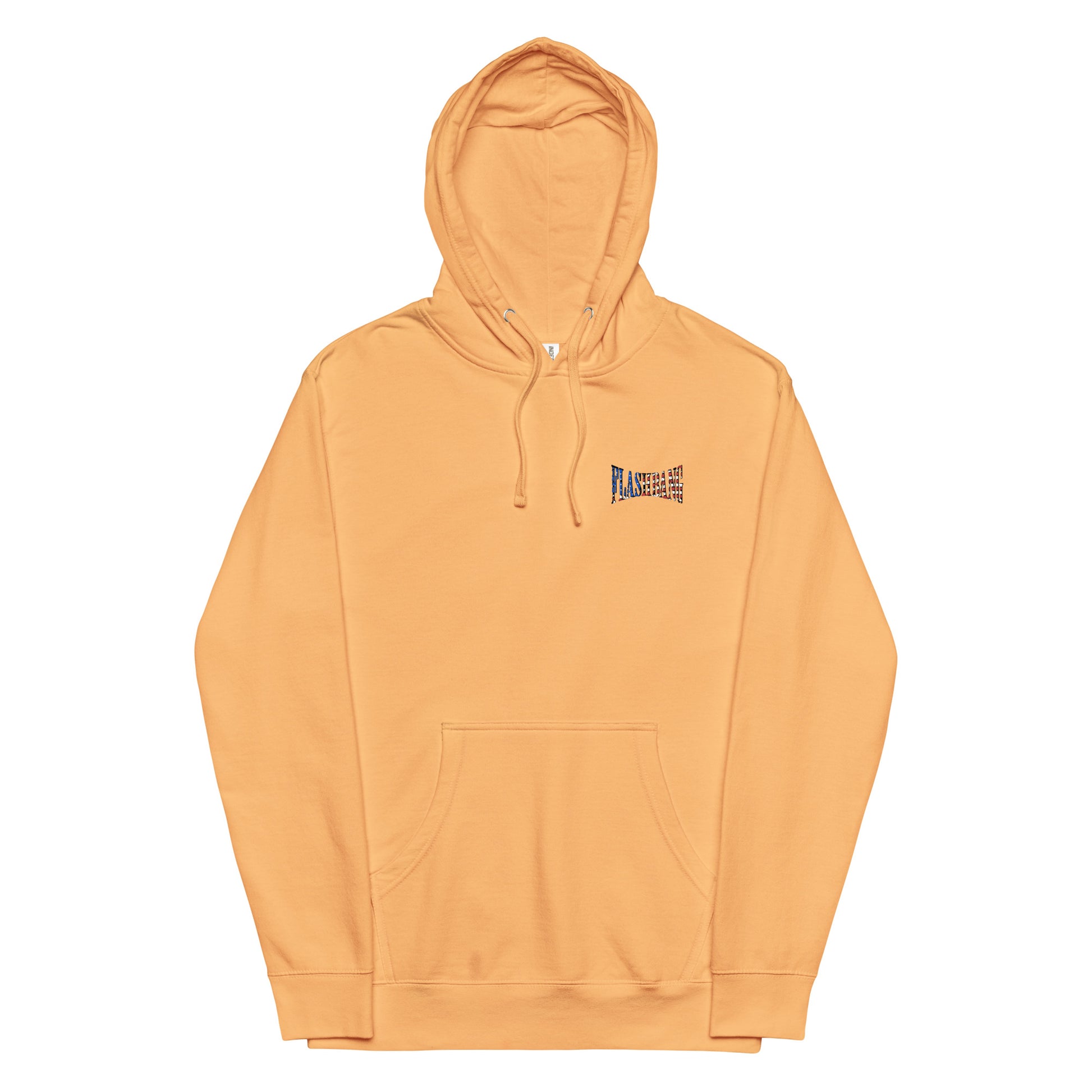 Orange hoodie with a small logo on the chest against a white background