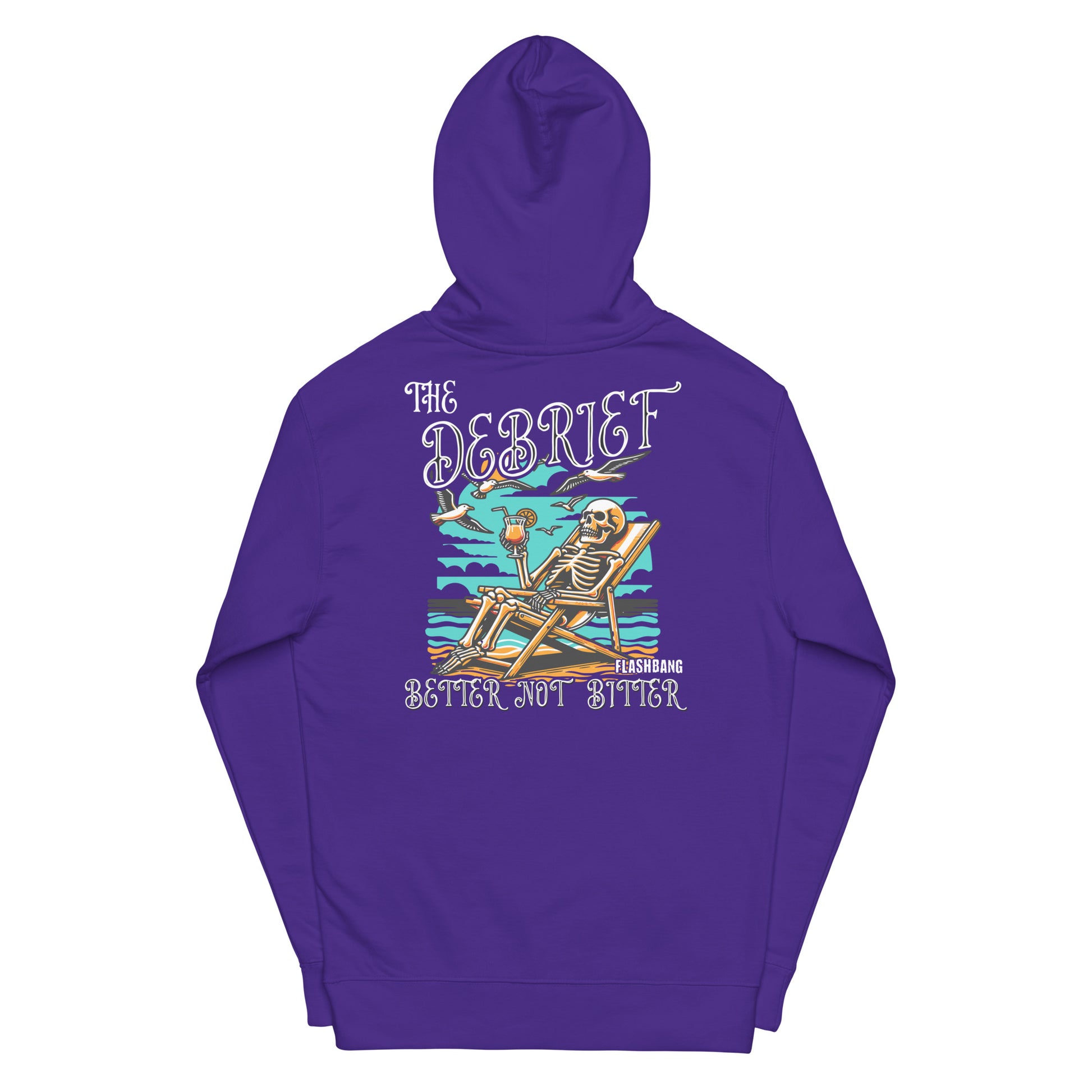 Purple hoodie with a skeleton design and text on the back, on a white background