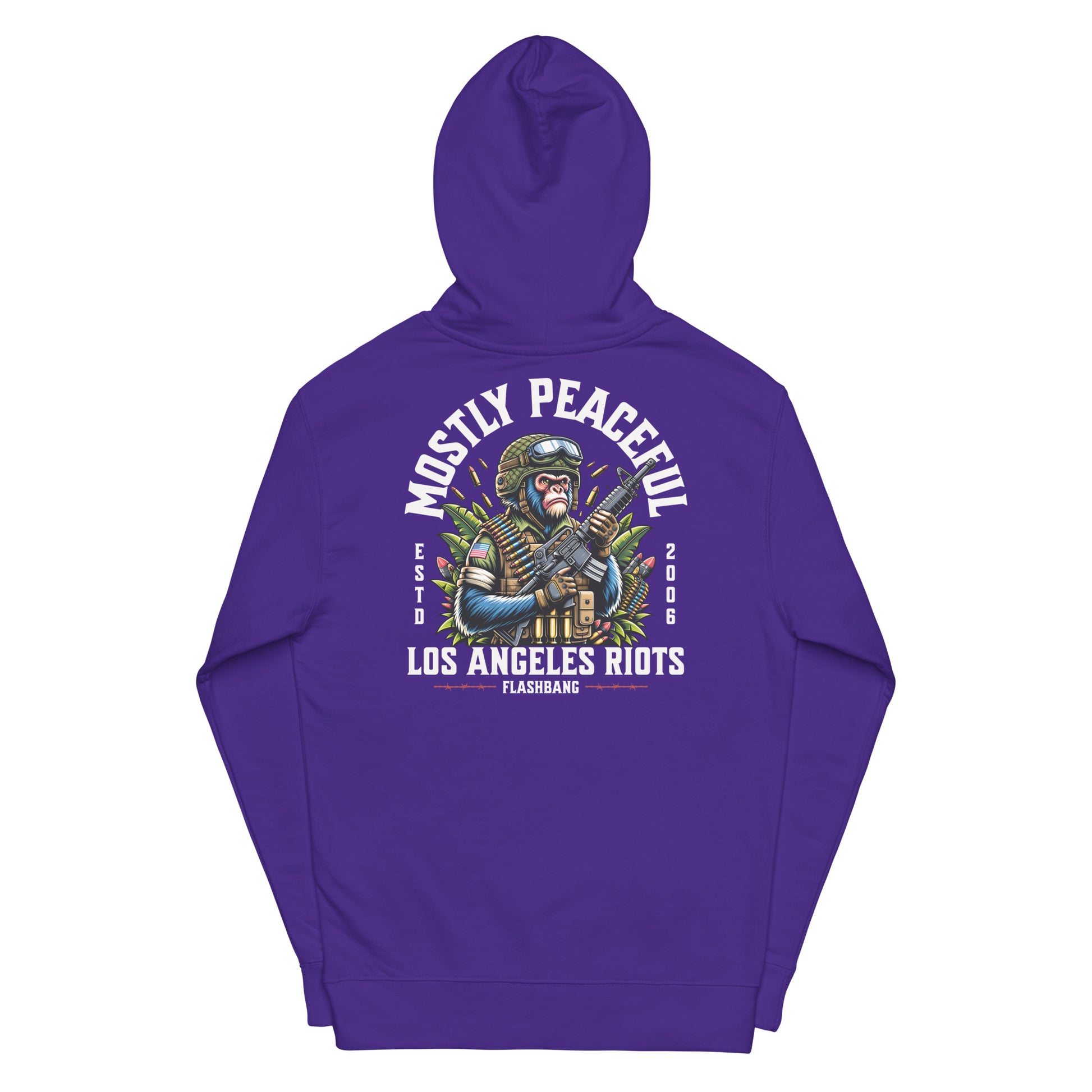 Purple hoodie with graphic design and text on a white background