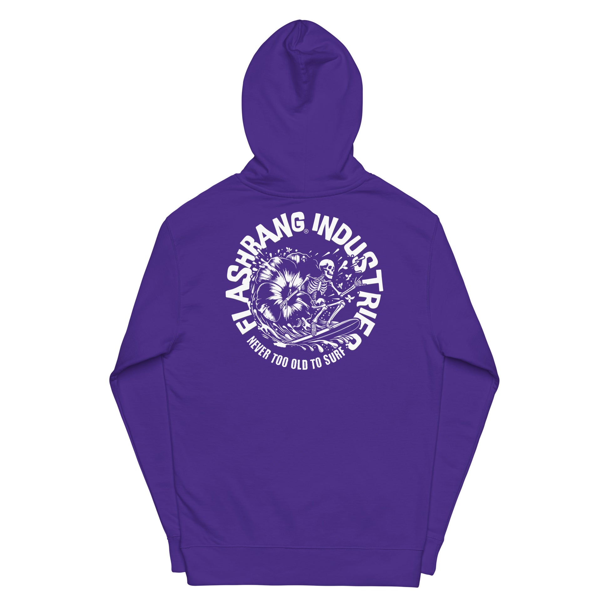 Purple hoodie with white graphic and text on a white background