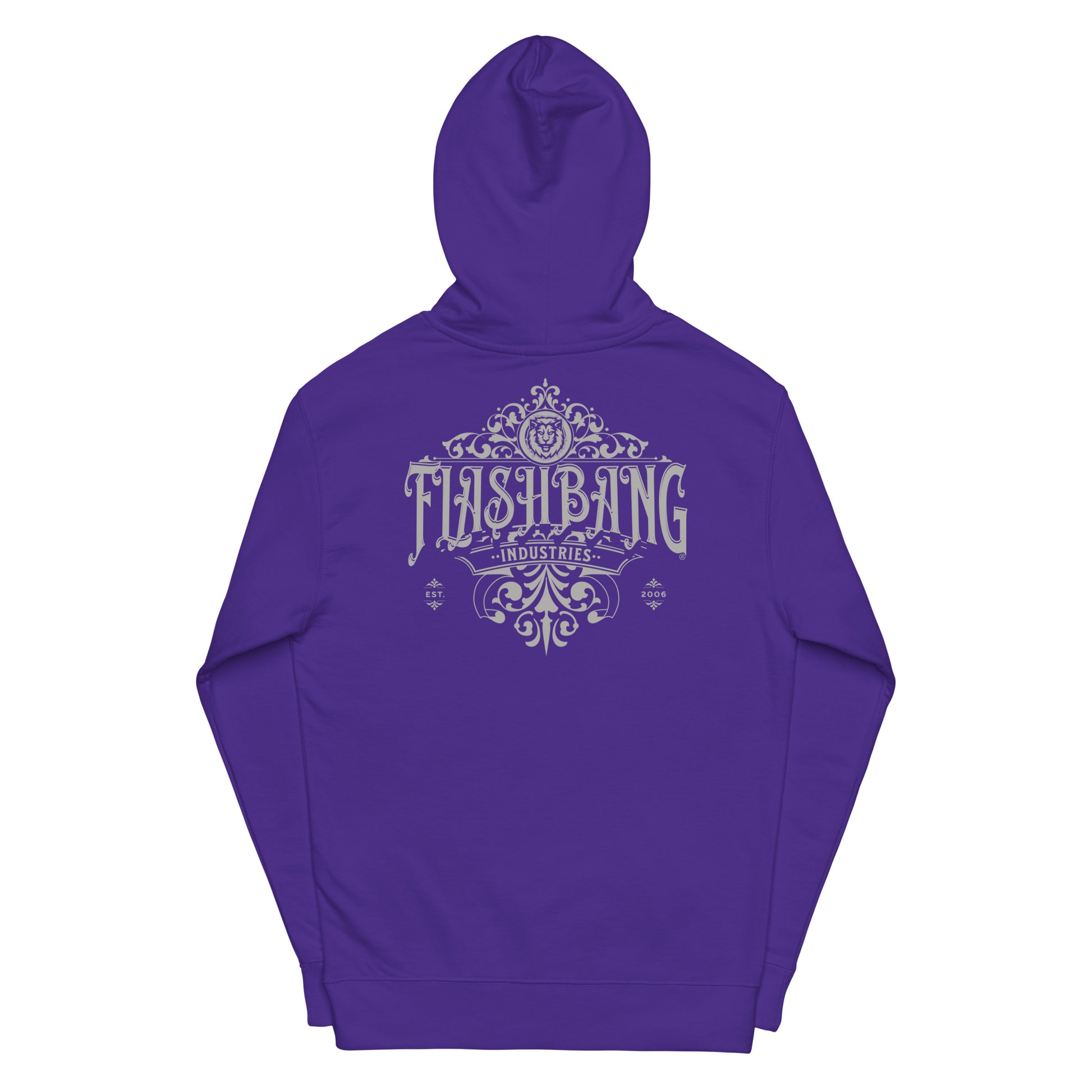 Purple hoodie with 'Flashbang Industries' logo on a white background
