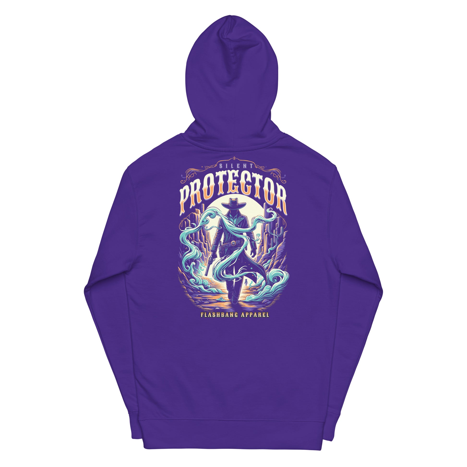 Purple hoodie with a graphic design on the back on a white background