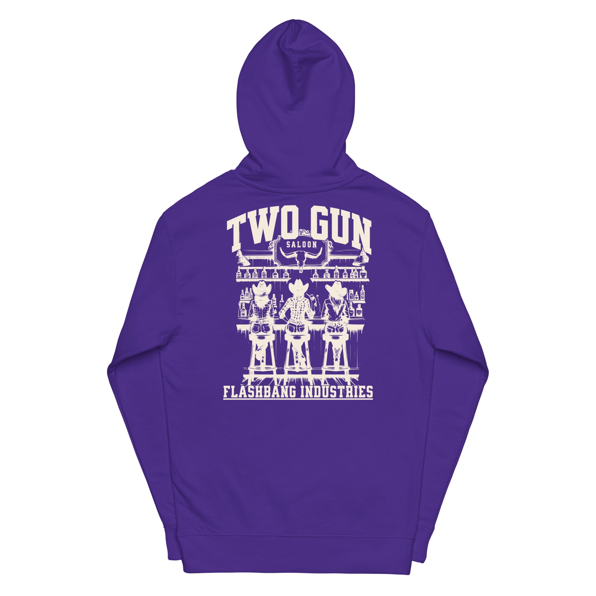 Purple hoodie with white graphic design on a white background