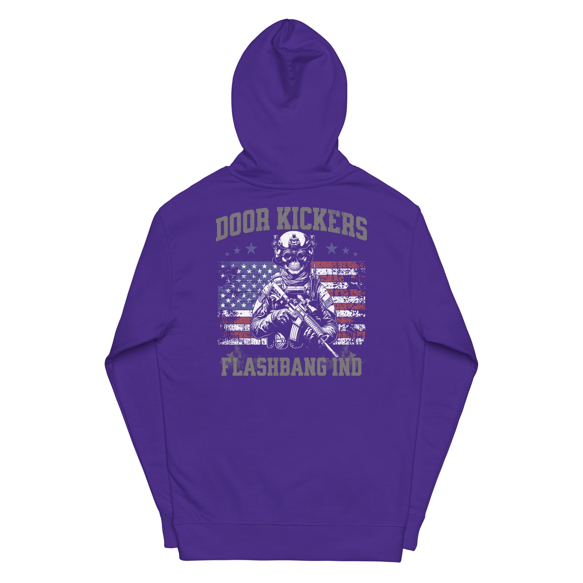 Purple hoodie with 'Door Kickers Flashbang Ind' design on a white background