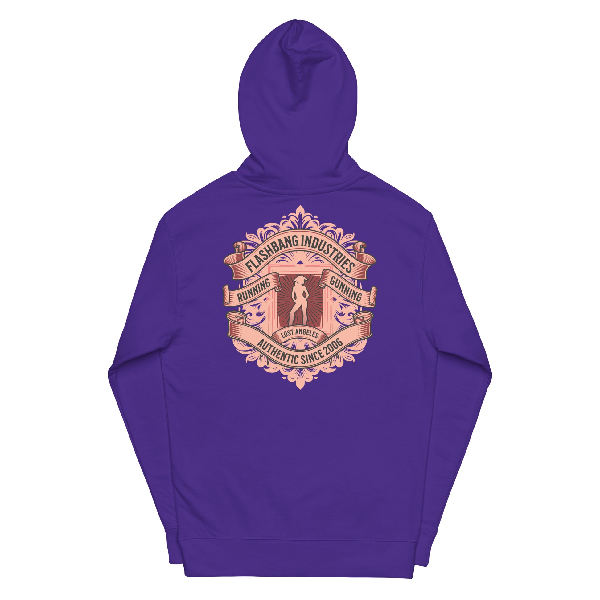Purple hoodie with a pink graphic design on the back against a white background
