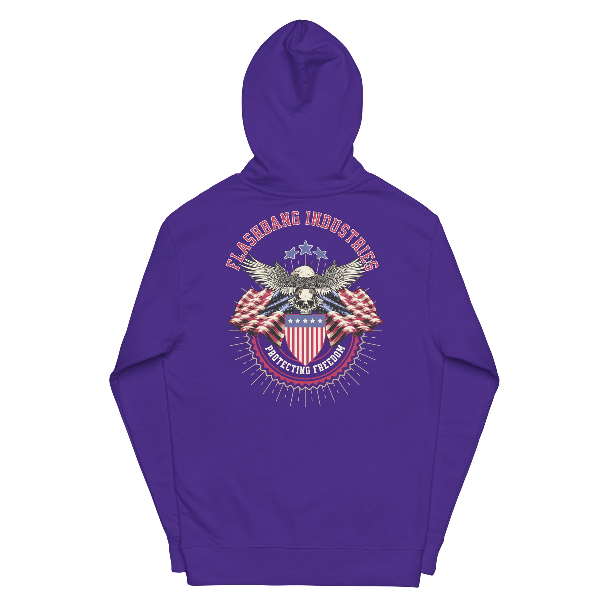 Purple hoodie with an eagle and American flag design on a white background