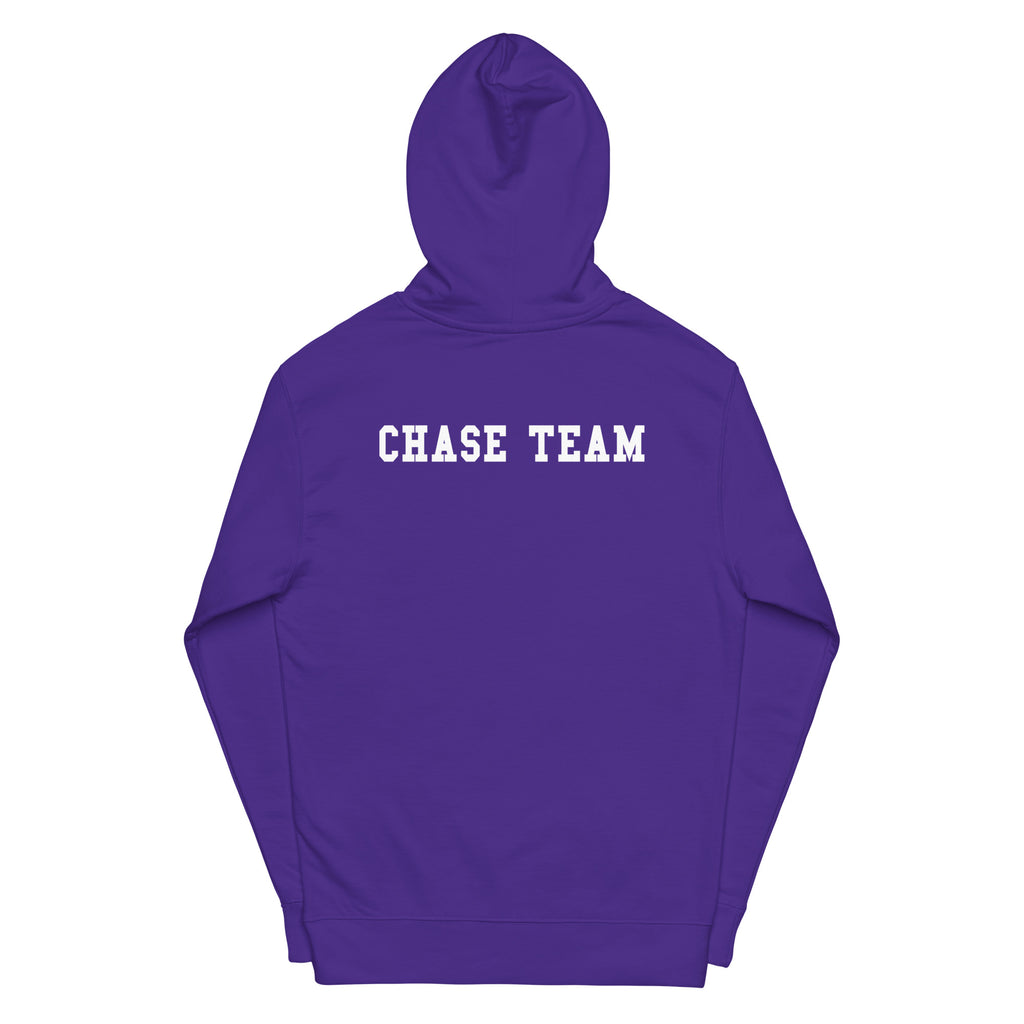 Purple hoodie with 'CHASE TEAM' text on a white background