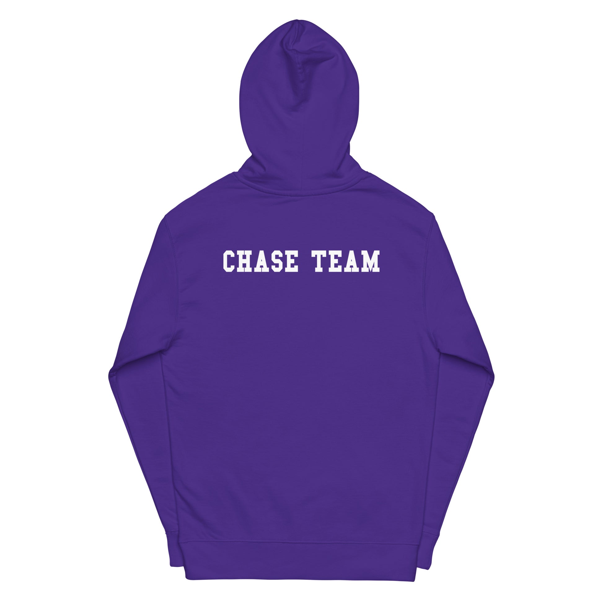 Purple hoodie with 'CHASE TEAM' text on a white background