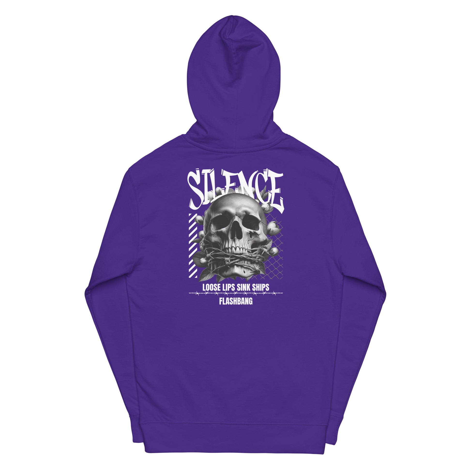 Purple hoodie with a skull graphic and text on the back against a white background