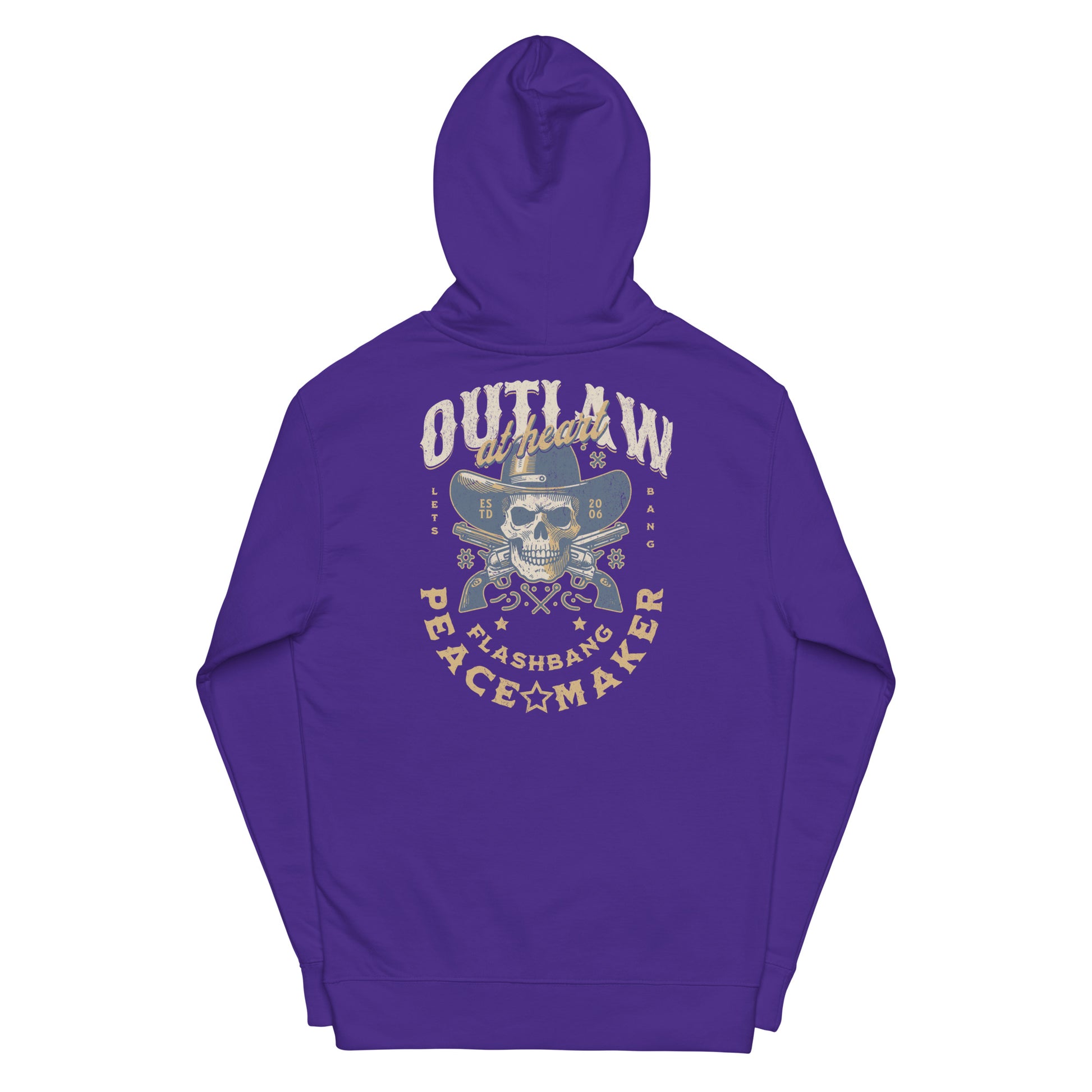 Purple hoodie with a graphic design on the back featuring text and a skull wearing a hat.