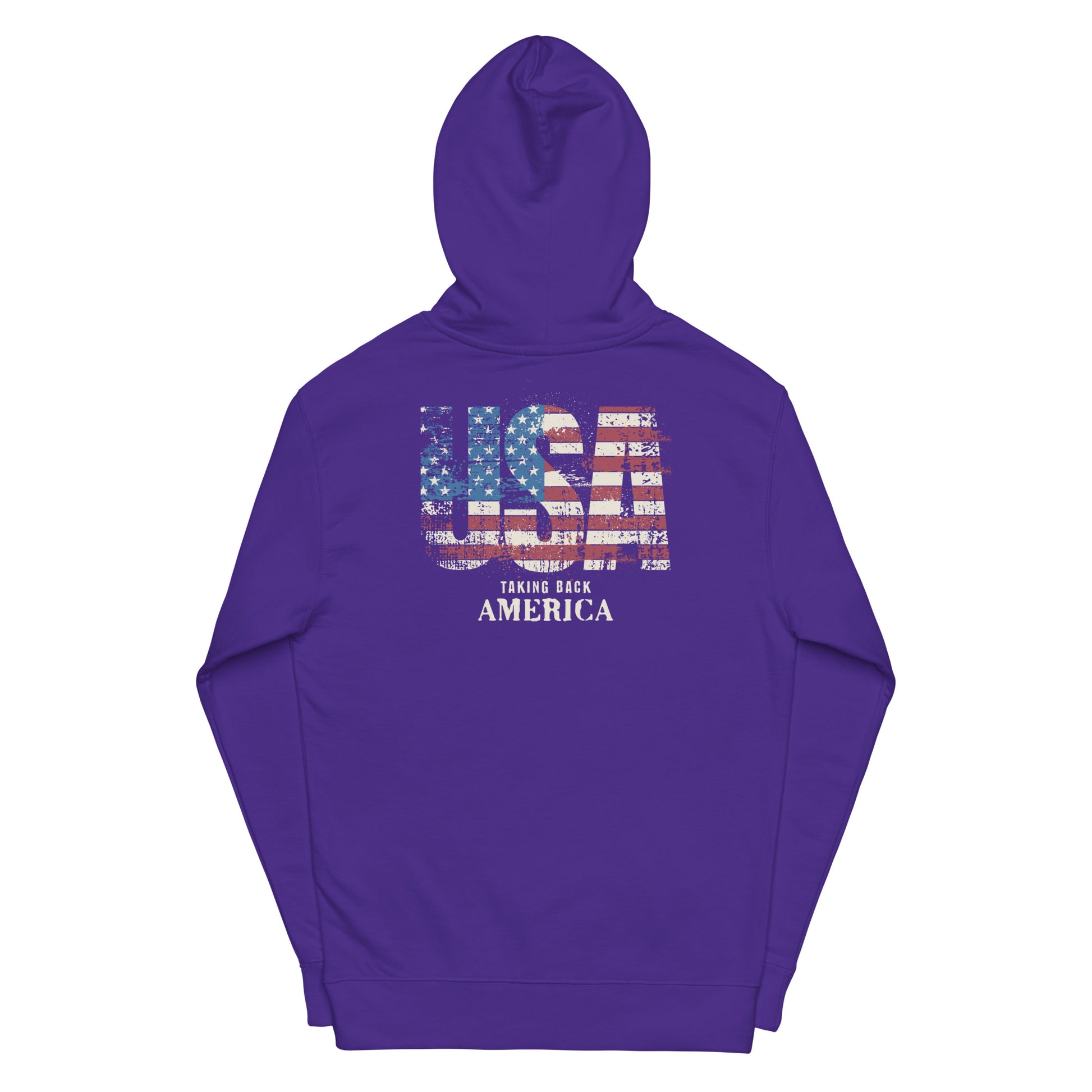 Purple hoodie with 'USA Taking Back America' text on a white background