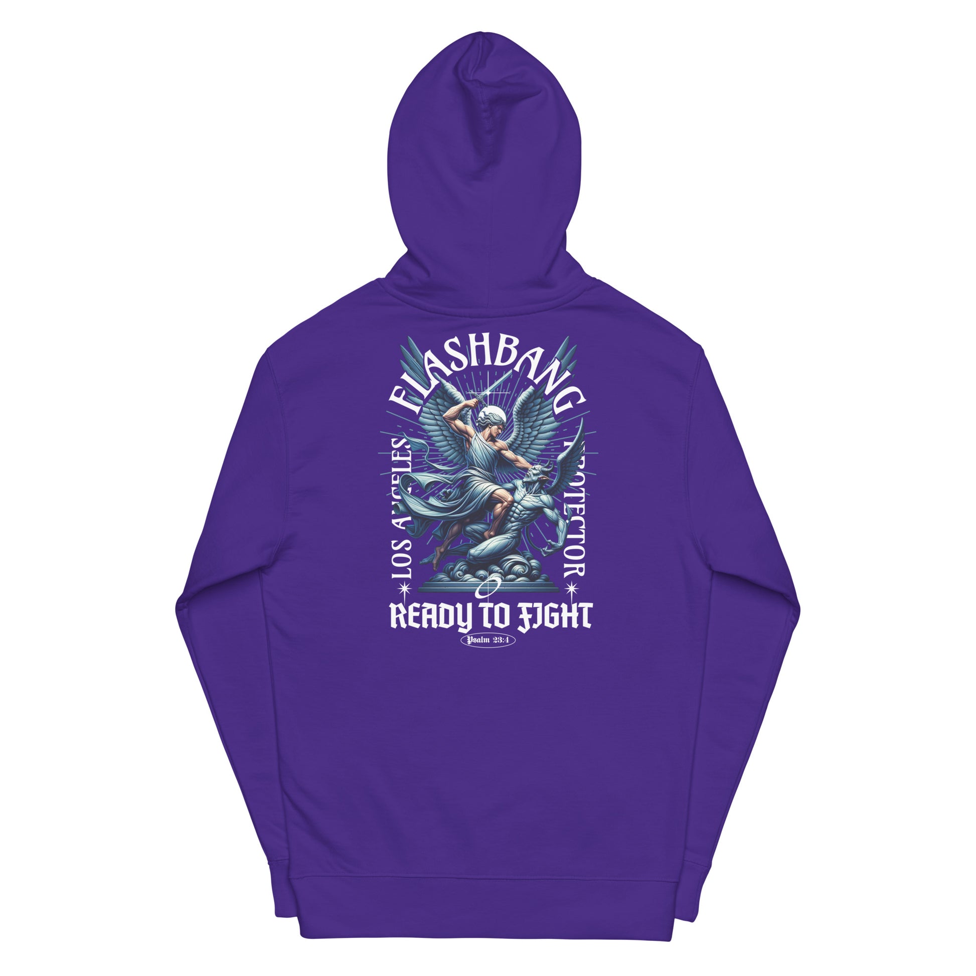 Purple hoodie with graphic design on the back on a white background