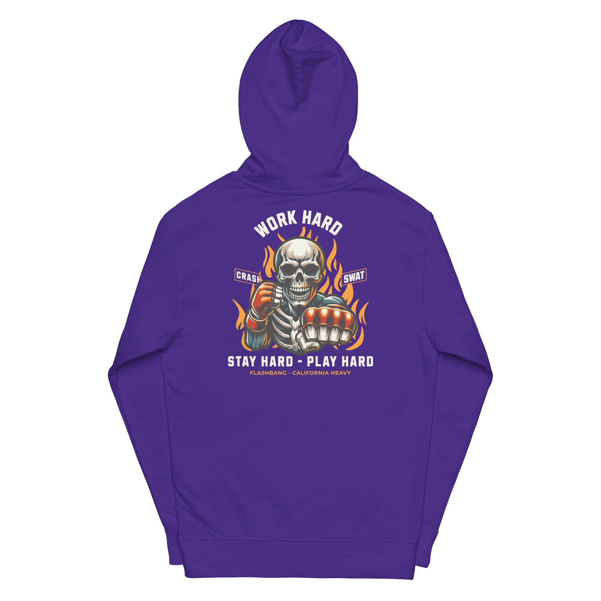 Purple hoodie with a graphic design on the back featuring a skeleton and text.