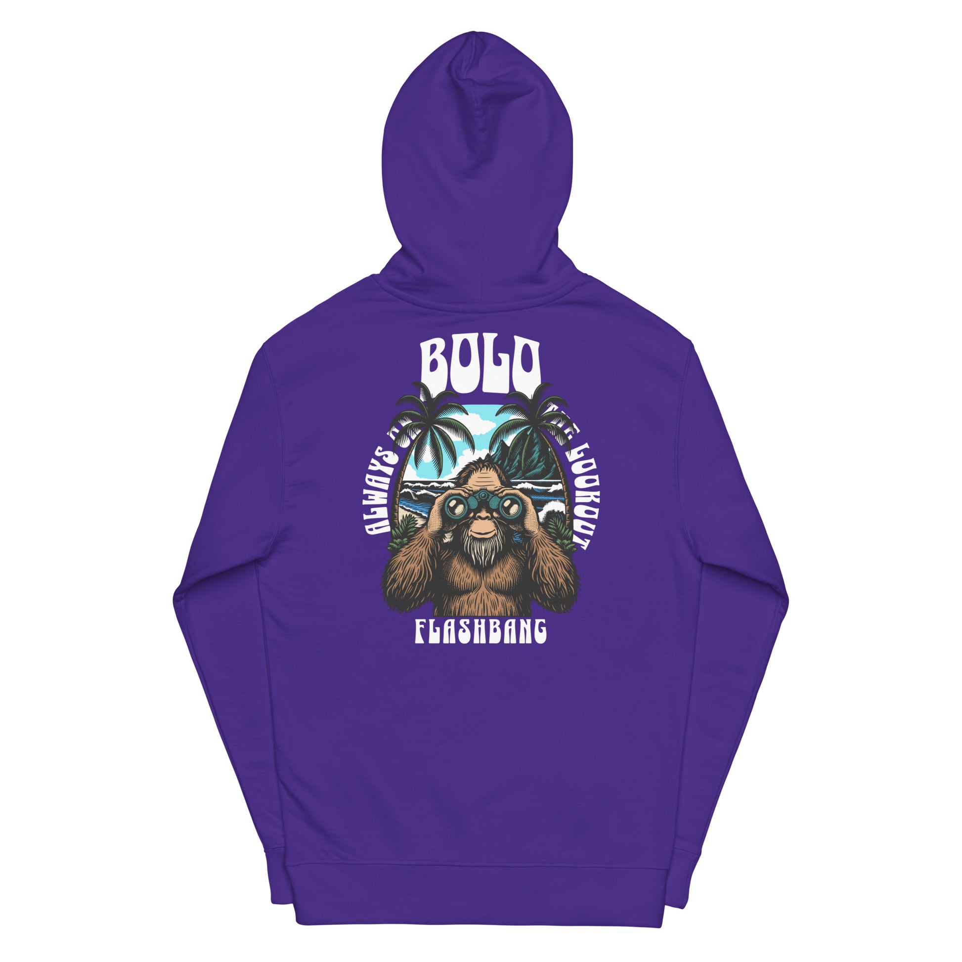 Purple hoodie with a bear graphic and text on the back against a white background