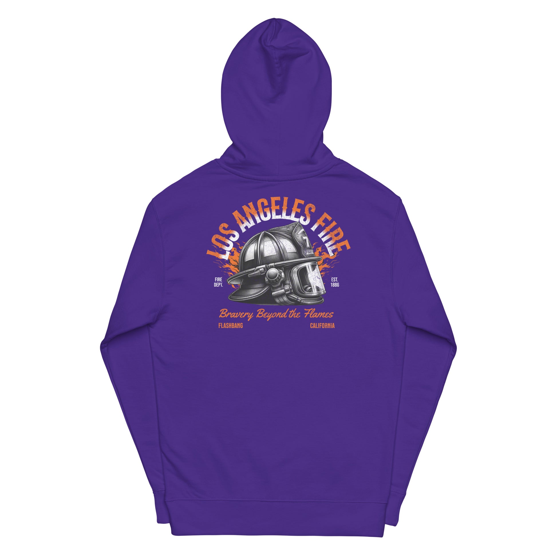 Purple hoodie with 'Los Angeles Fire' graphic on a white background