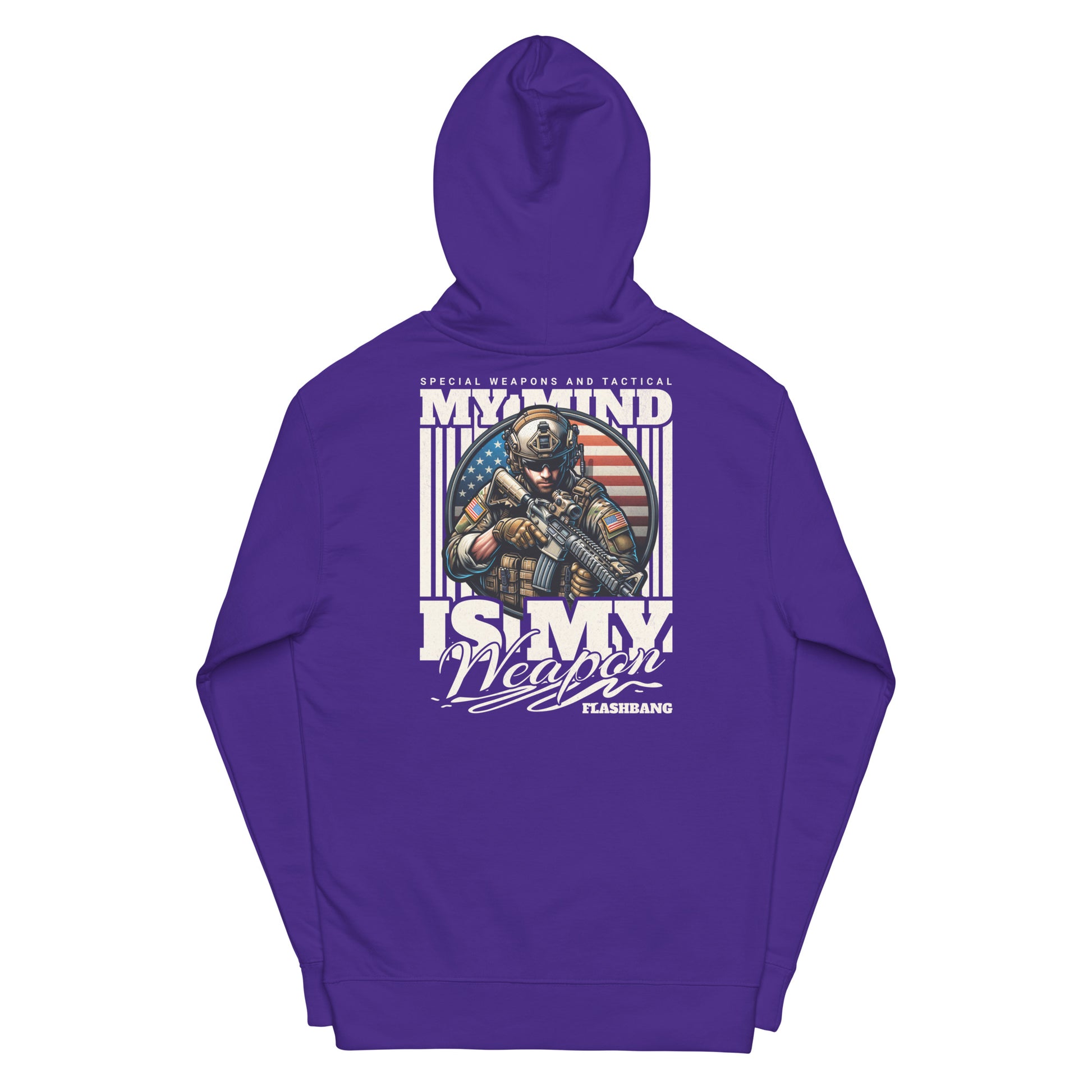 Purple hoodie with graphic design and text on a white background