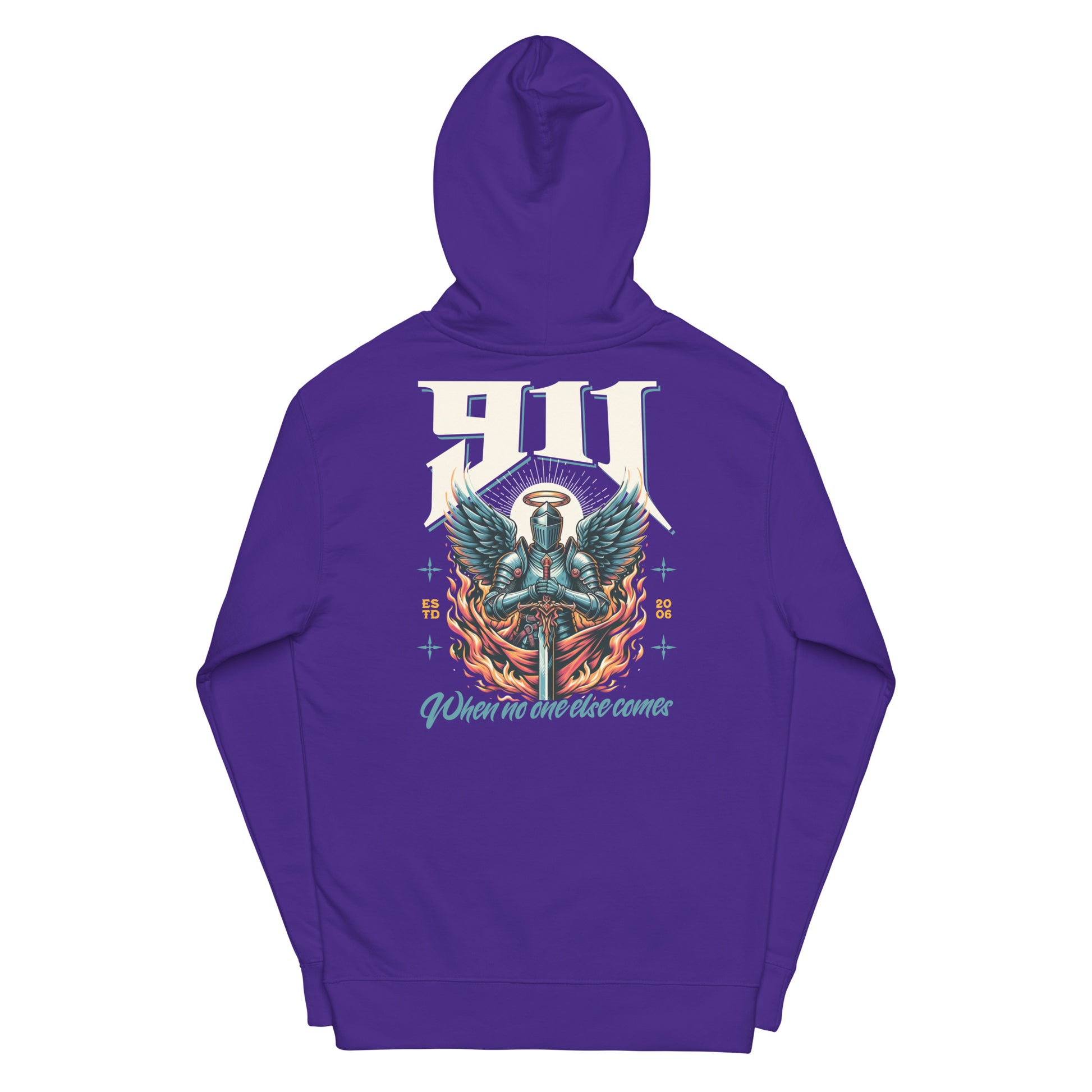 Purple hoodie with a colorful graphic design on the back against a white background