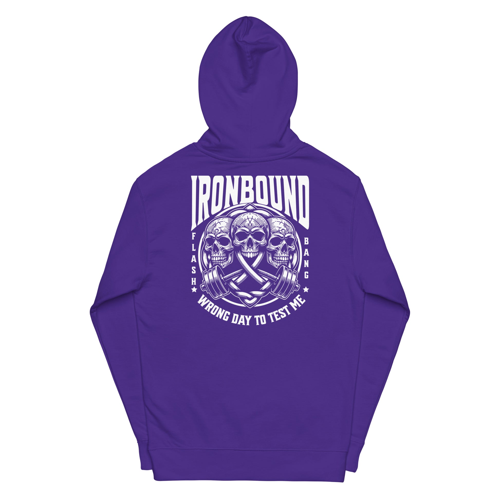 Purple hoodie with white graphic and text on a white background