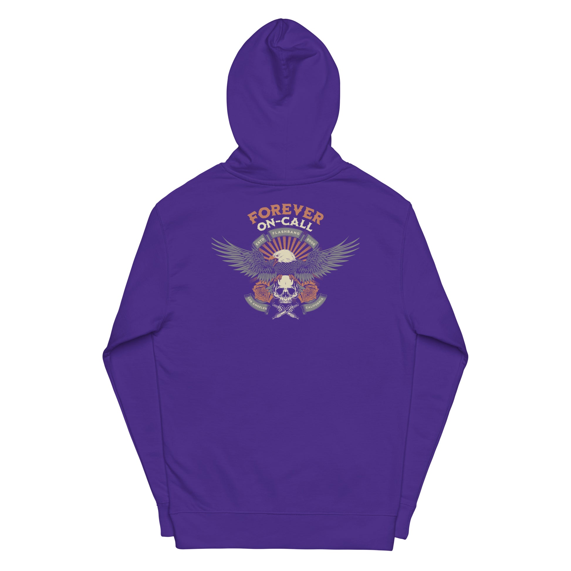 Purple hoodie with a graphic design on the back against a white background