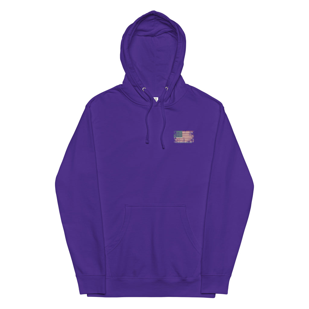 Purple hoodie with a small flag patch on a white background