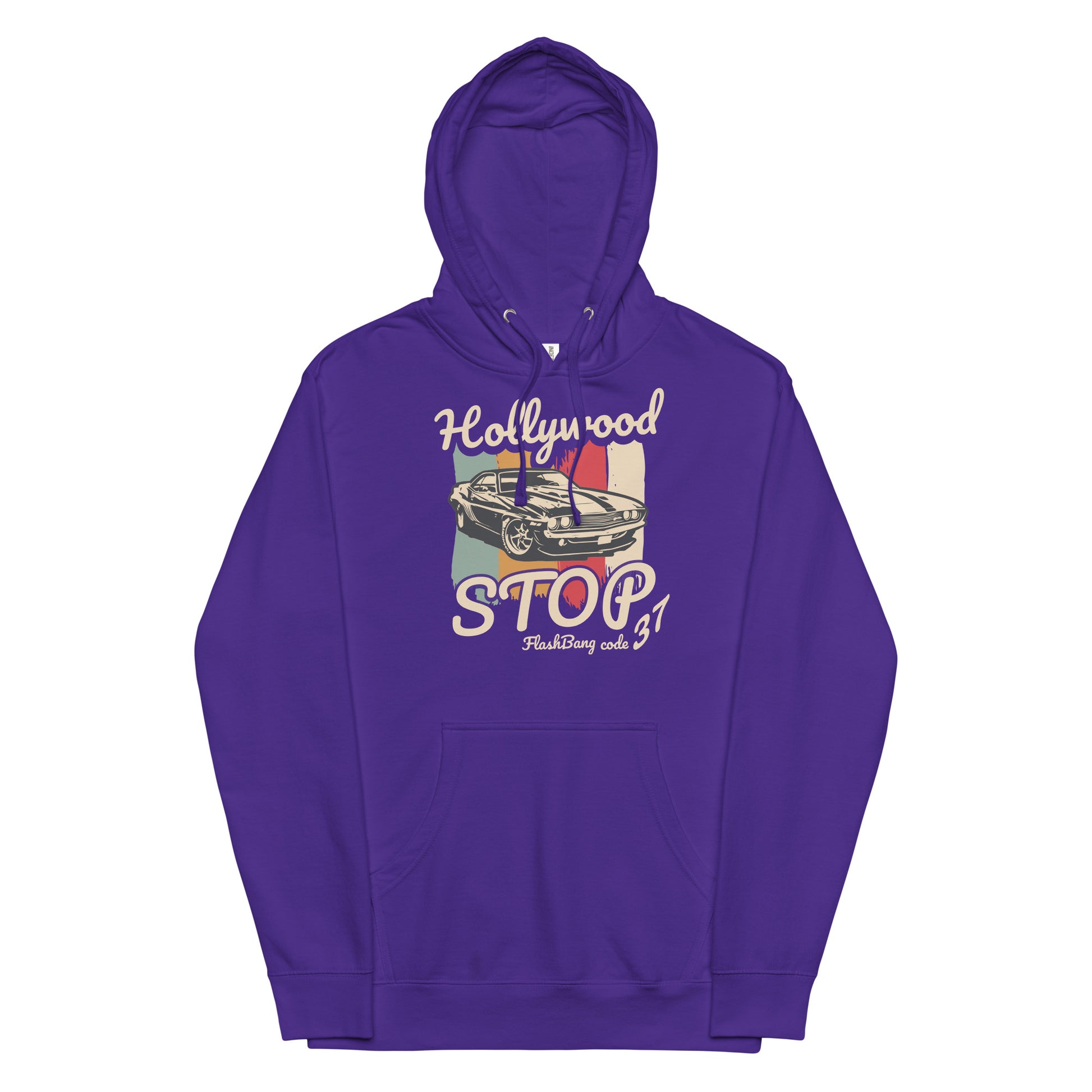 Purple hoodie with a graphic design on a white background