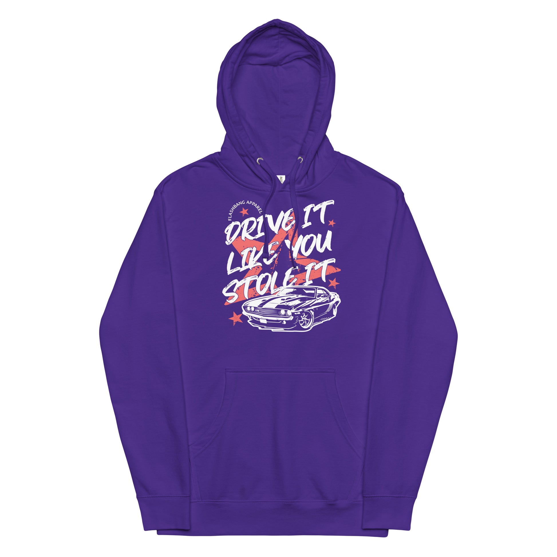 Purple hoodie with graphic design on a white background