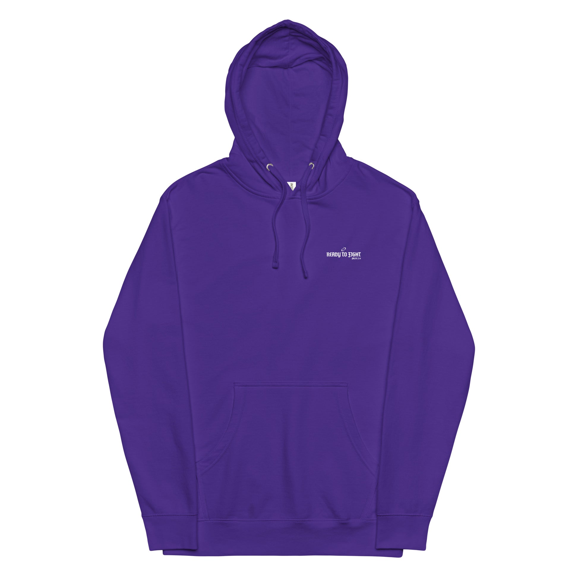 Purple hoodie with a small white logo on a white background