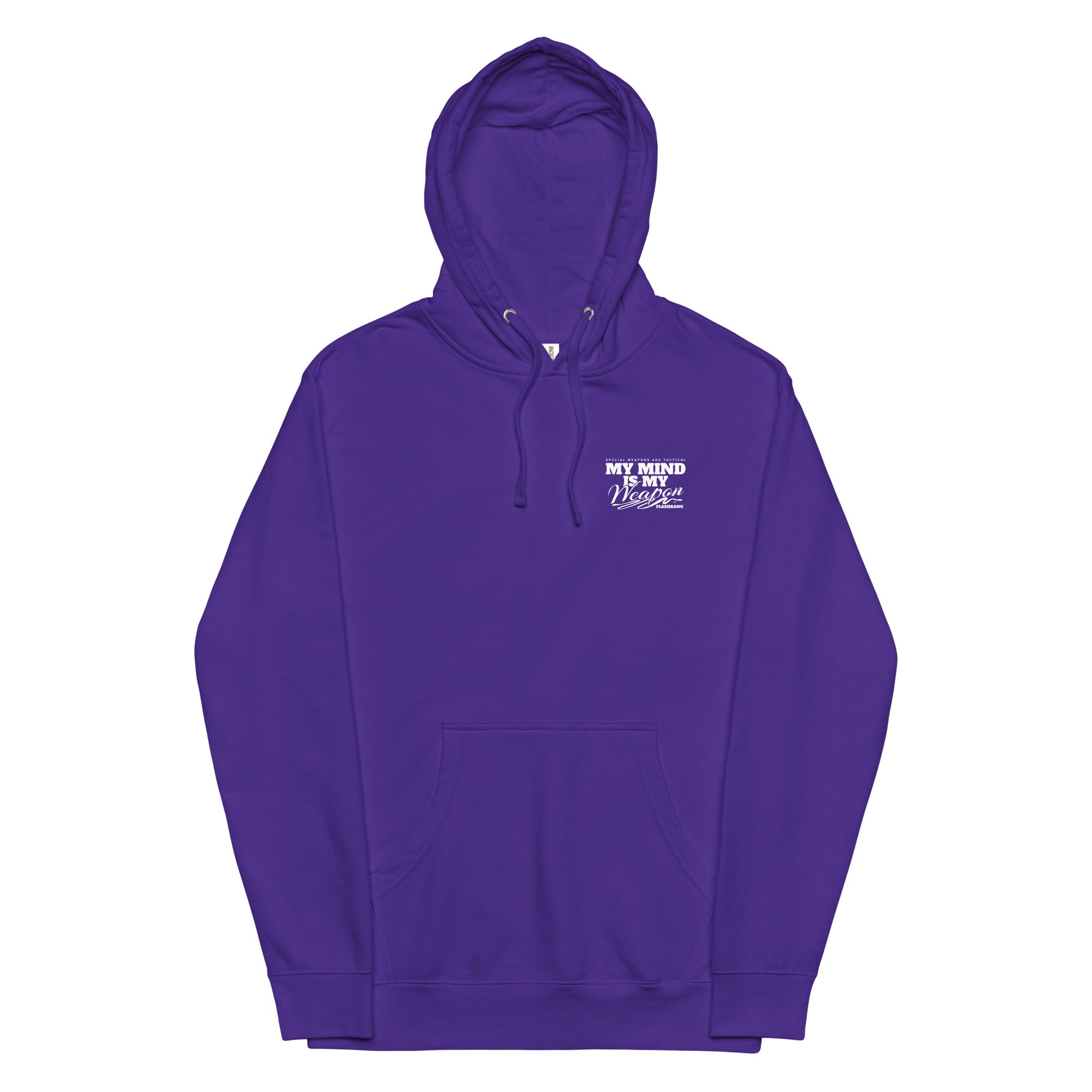 Purple hoodie with text on a white background