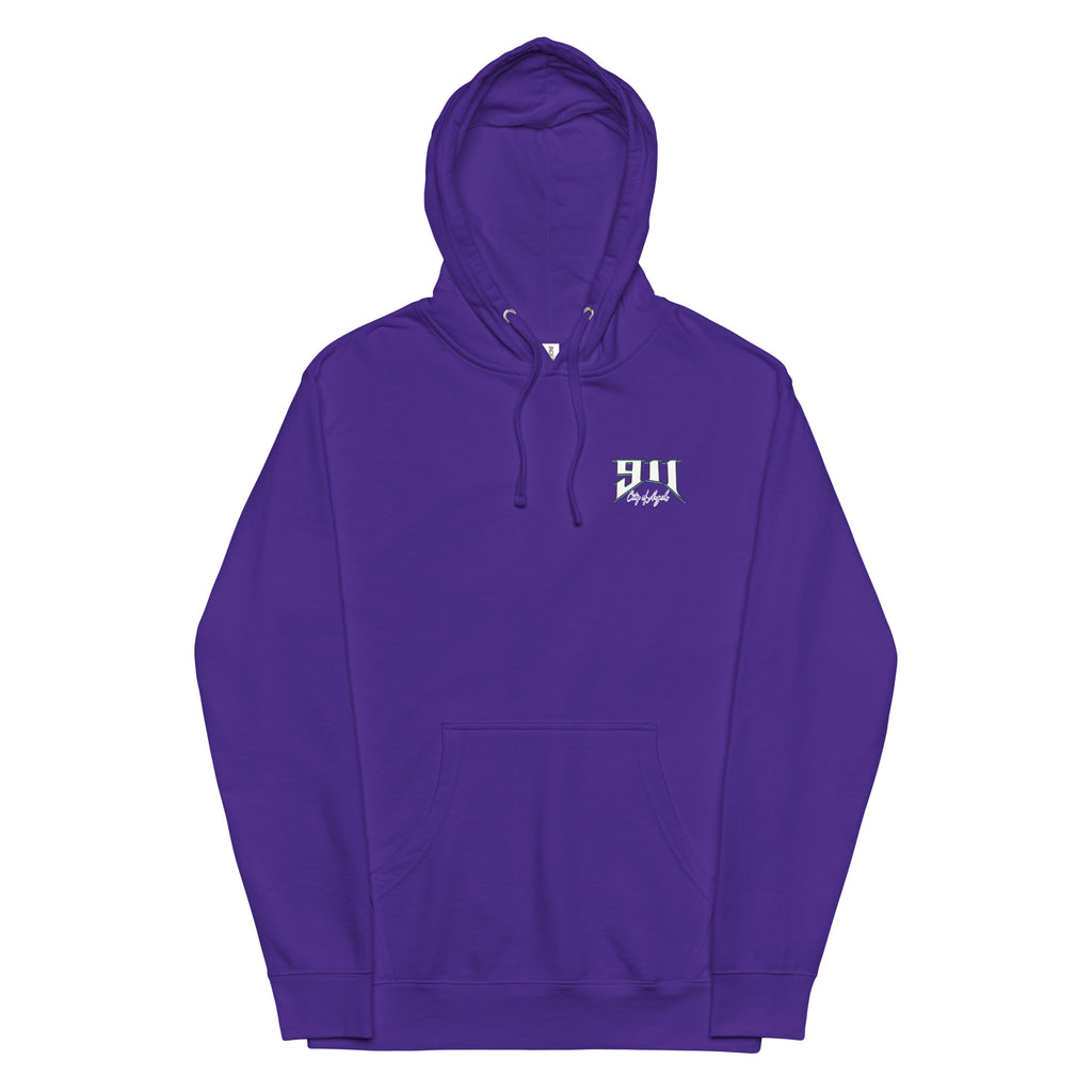Purple hoodie with a white logo on a white background
