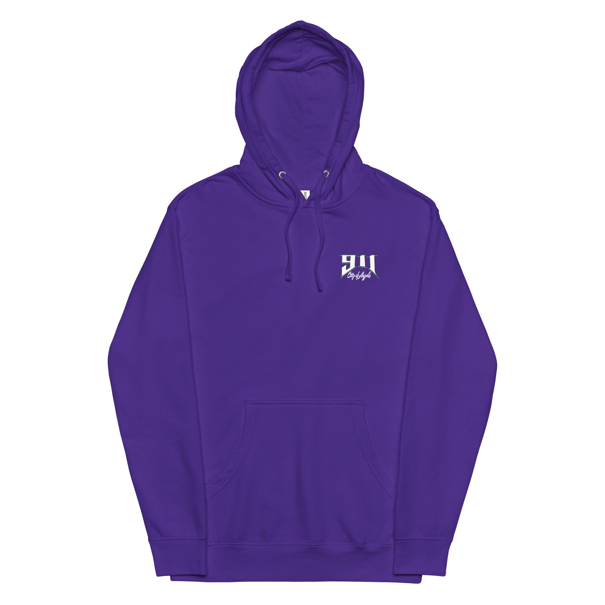 Purple hoodie with a white logo on a white background