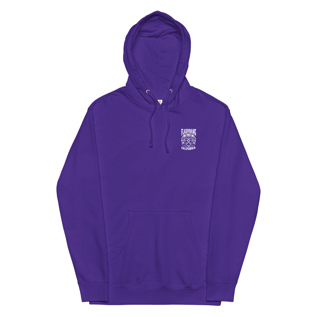 Purple hoodie with a logo on the chest against a white background