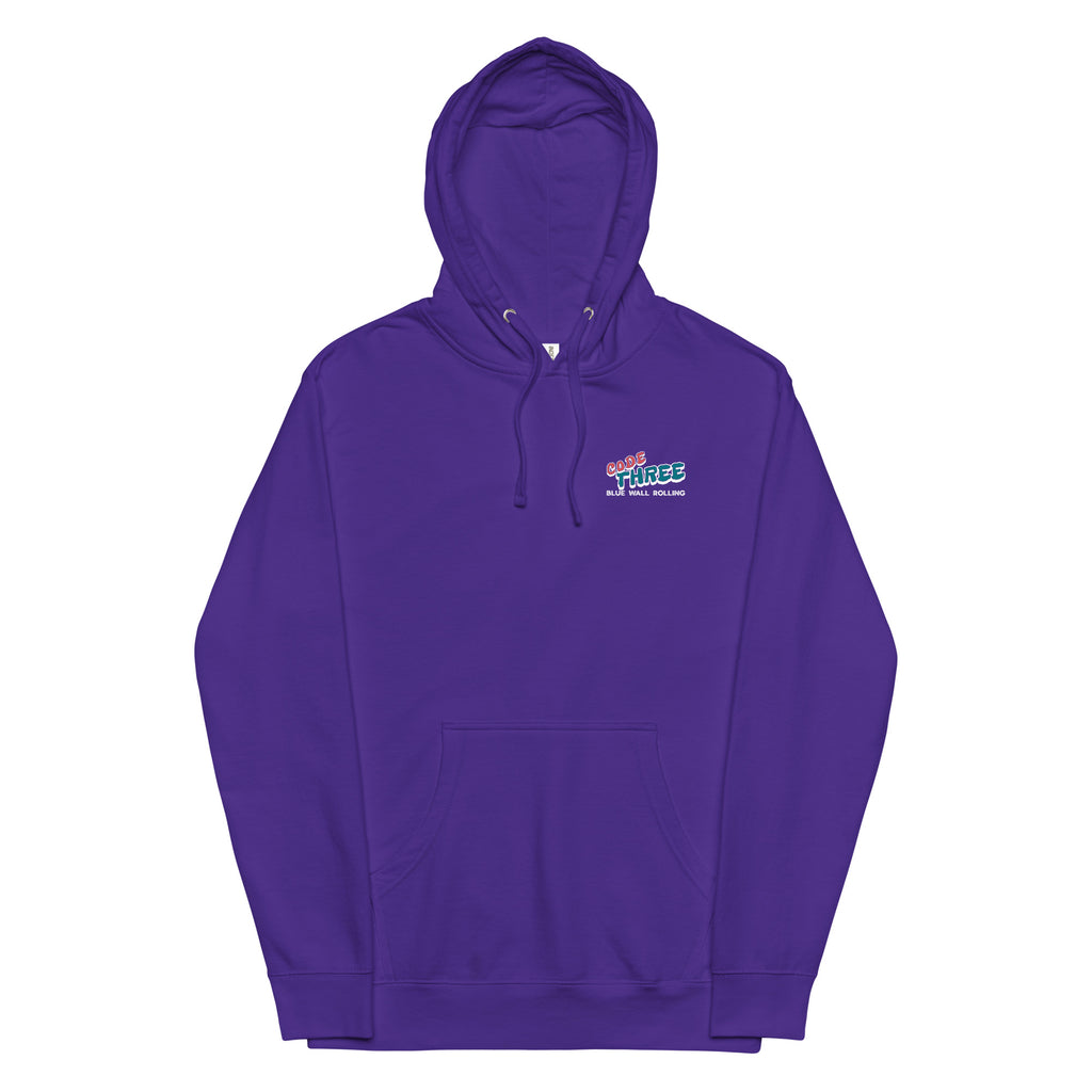 Purple hoodie with a logo on the chest against a white background