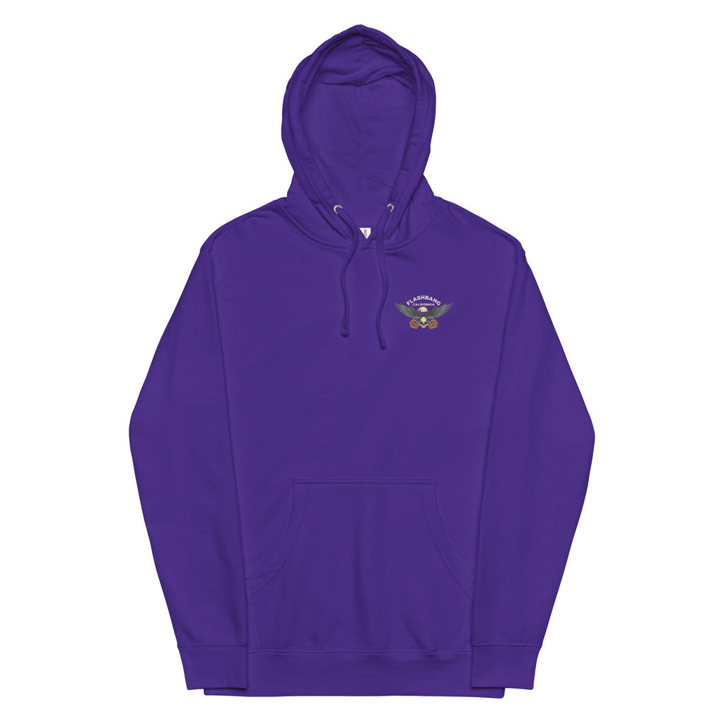Purple hoodie with a small logo on the chest against a white background