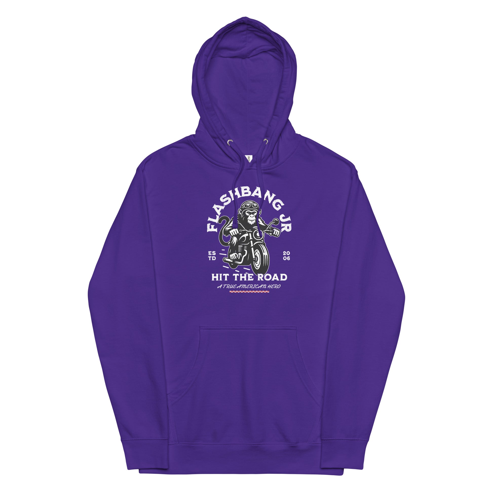 Purple hoodie with graphic design on a white background