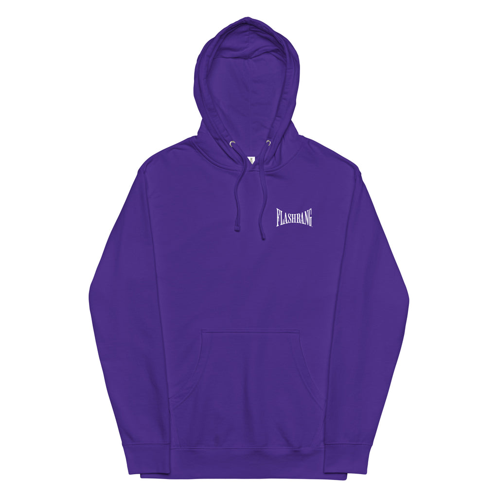 Purple hoodie with a brand logo on a white background