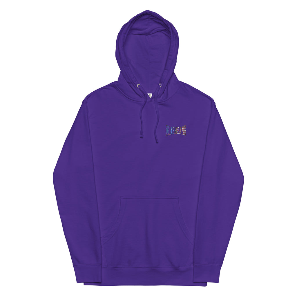 Purple hoodie with a small logo on the chest against a white background