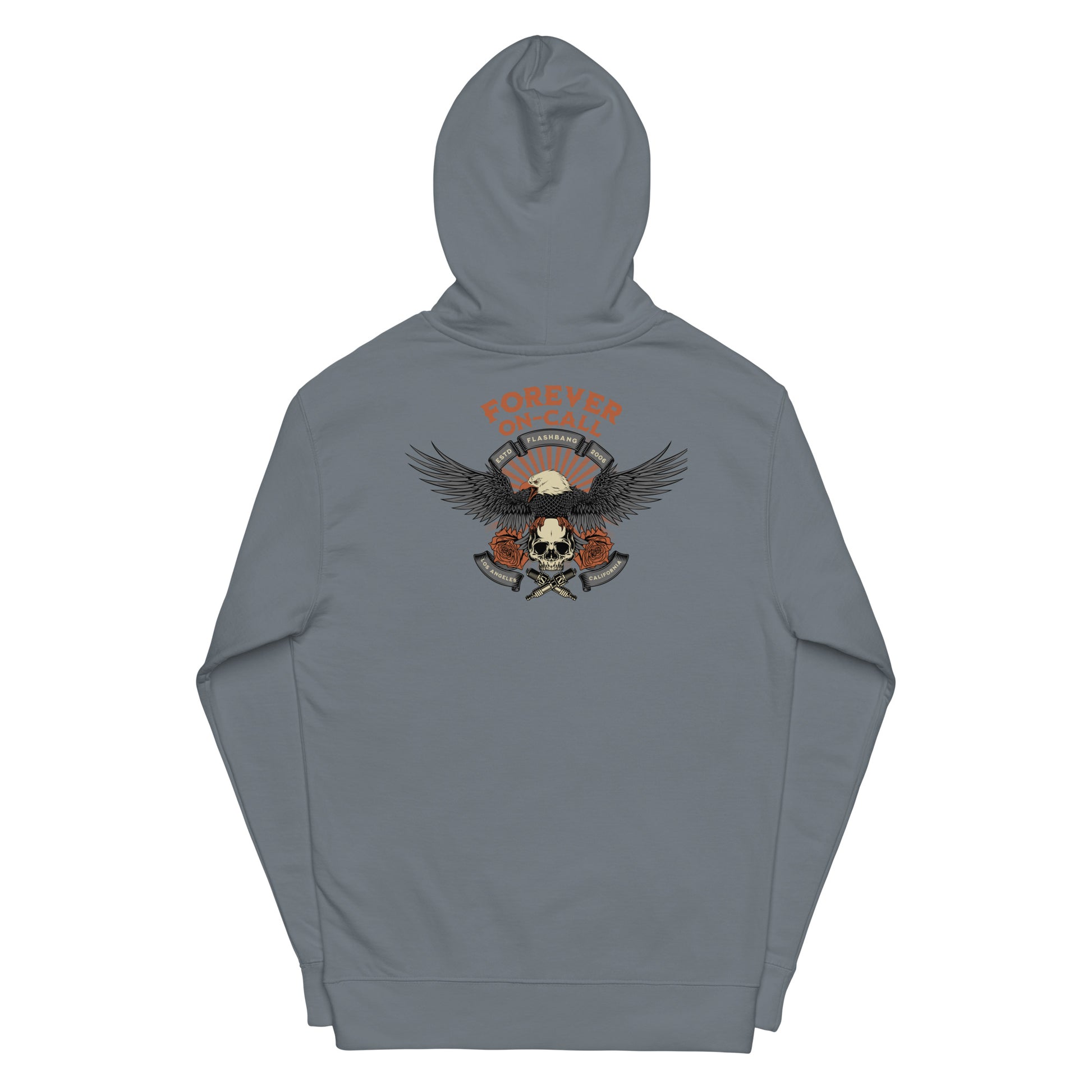 Gray hoodie with a graphic design on the back against a white background