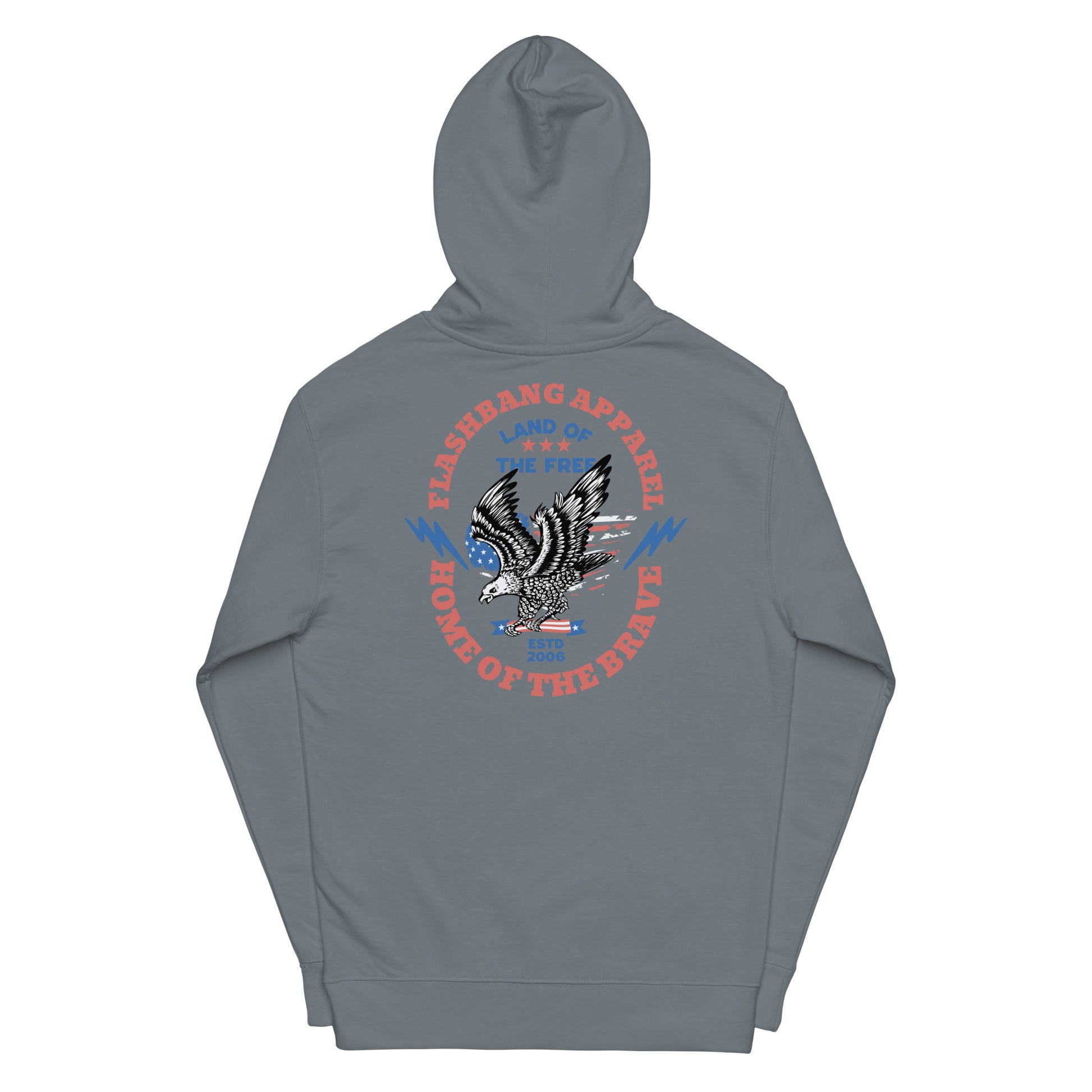 Gray hoodie with an eagle graphic and text on a white background