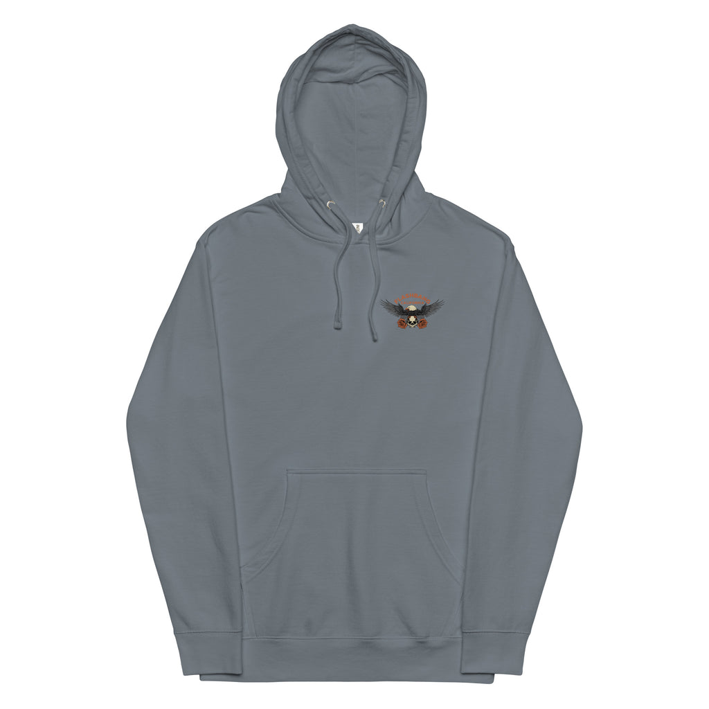 Gray hoodie with a small logo on the chest against a white background