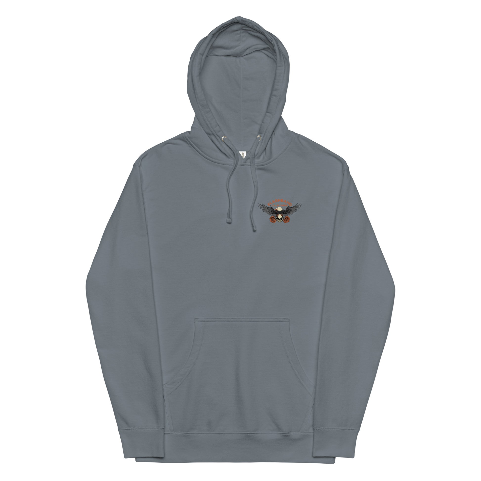 Gray hoodie with a small logo on the chest against a white background