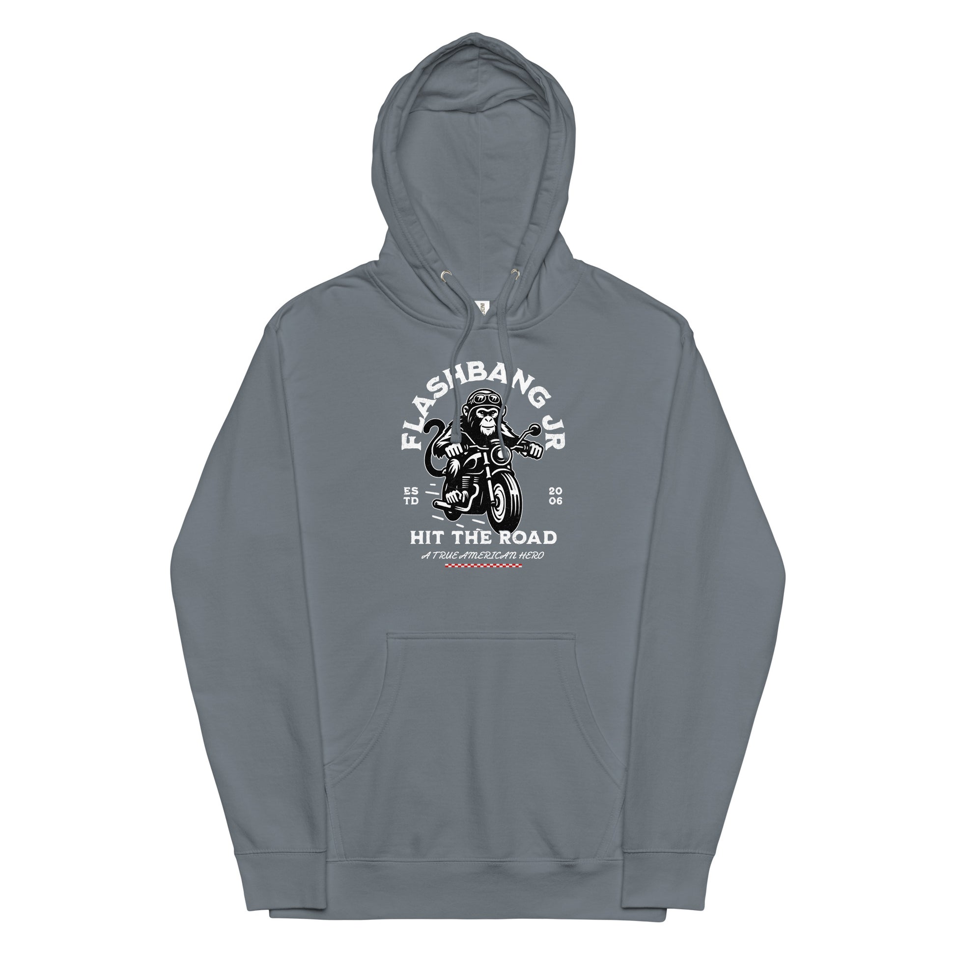 Gray hoodie with graphic design on a white background