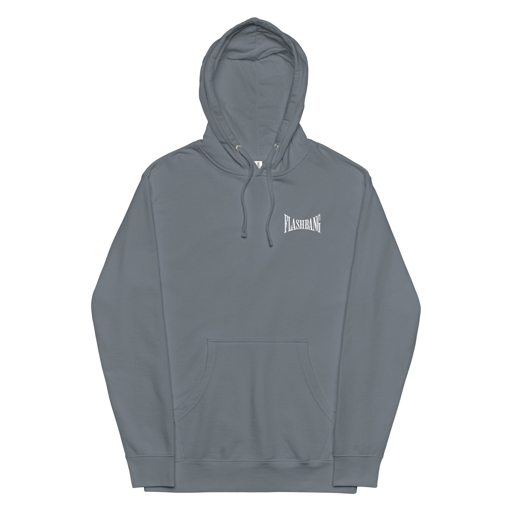 Gray hoodie with a brand logo on a white background