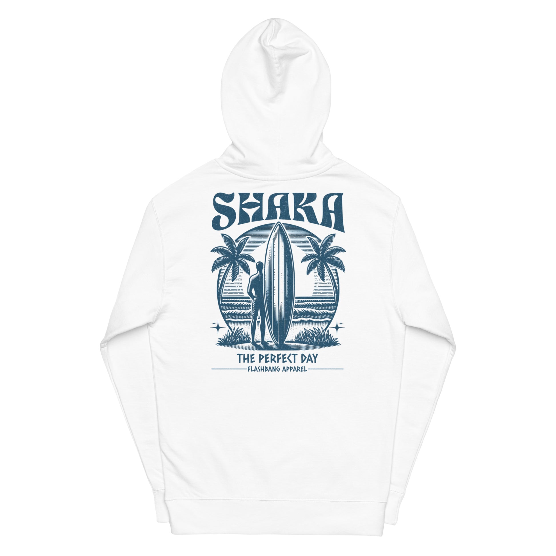 White hoodie with a graphic design on the back featuring palm trees and a surfer, with 'Shaka' branding.
