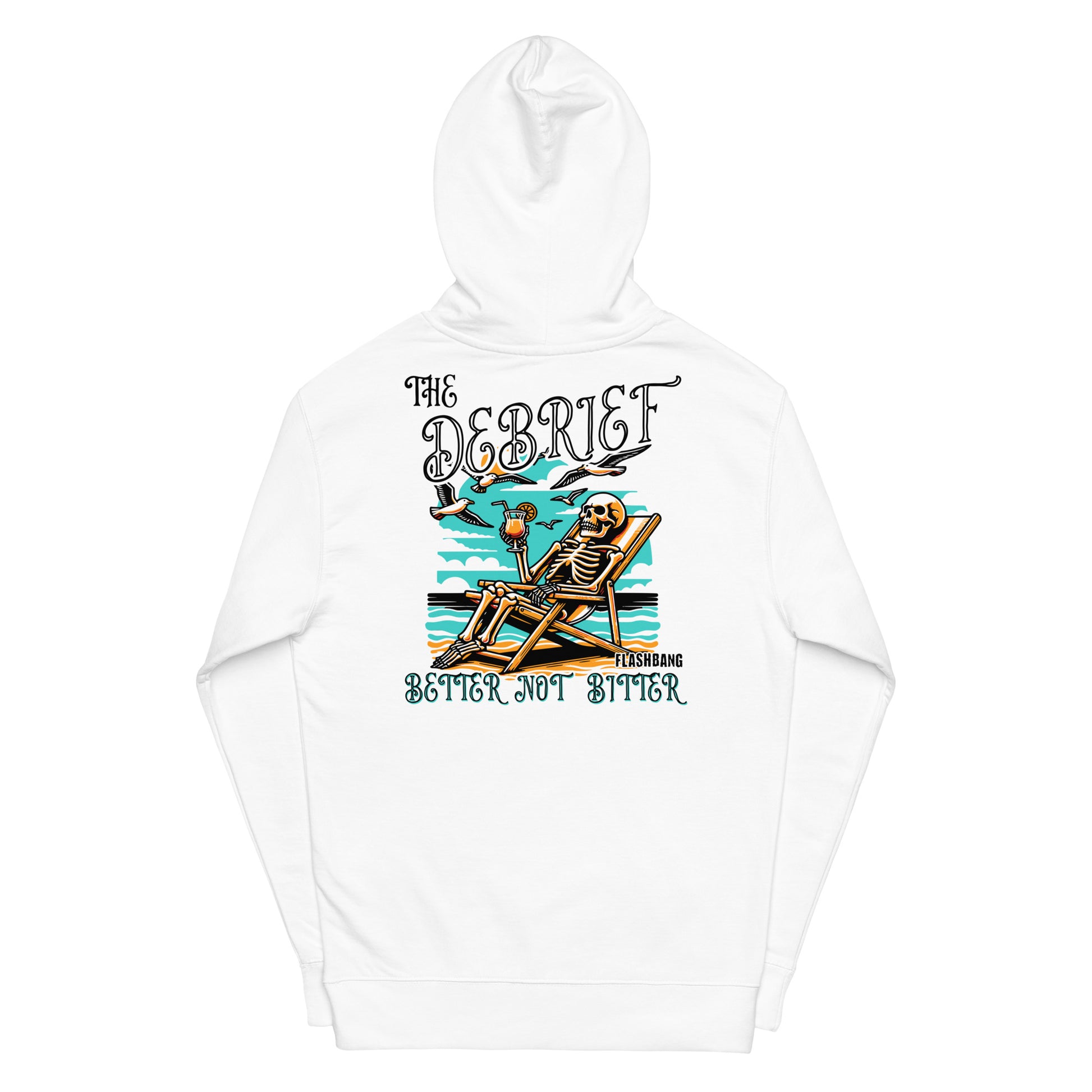 White hoodie with skeleton design and text on a white background