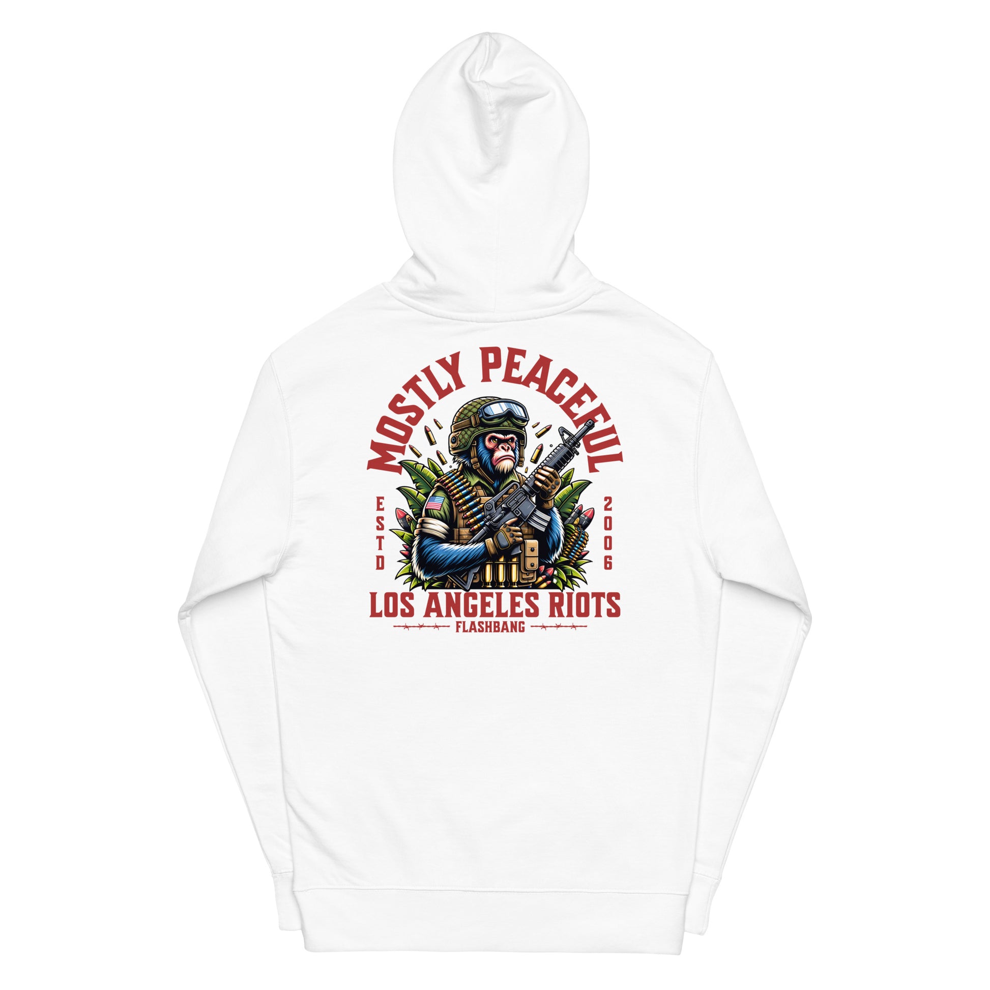 White hoodie with graphic design on the back featuring text and a character holding a guitar.