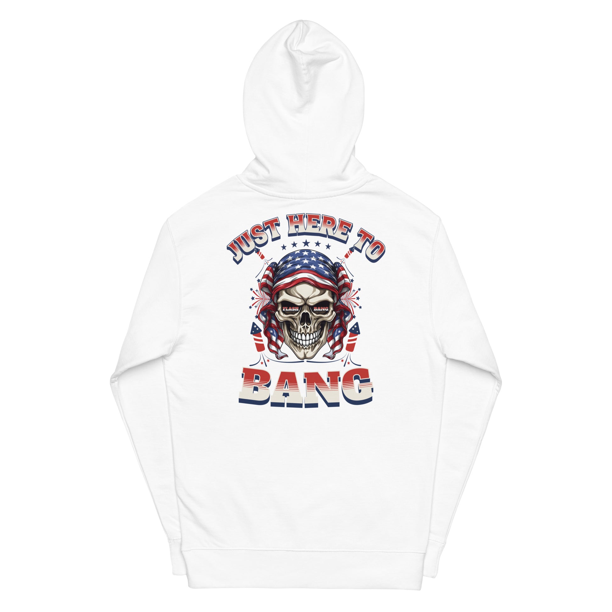 White hoodie with a skull design and text on a white background